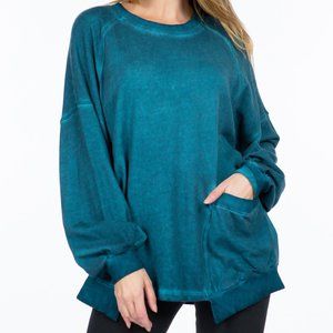 M. RENA French Terry Round Neck Pullover w/Statement Pocket  - Made in USA